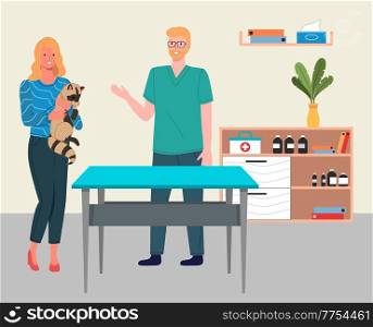 Veterinary care. Veterinarian man meet girl with raccoon in the medical office. Person brought forest animal for treatment to a doctor. Visit to the vet clinic to check the health of the animal. Veterinary care. Veterinarian man meet girl with raccoon in the medical office, visit to vet clinic