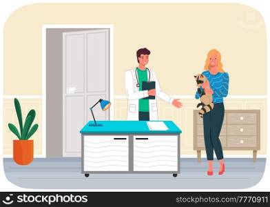 Veterinary care. Veterinarian man with woman pet owner holding raccoon in medical office. Person brought forest animal for treatment to doctor. Visit to vet clinic to check health of domestic animal. Veterinary care. Veterinarian man with woman pet owner holding small raccoon in medical office