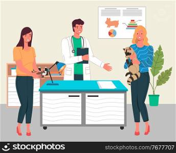 Veterinary care. Veterinarian man with women holding raccoon and hamster in the medical office. Person brought forest animal for treatment to a doctor. Visit to vet clinic to check health of animal. Veterinary care. Veterinarian man with women holding raccoon and hamster in the medical office