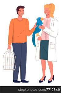 Veterinary care, veterinarian woman looking at blue parrot sitting at hand, checking health of domestic pet, treatment of animals in veterinary clinic, visit doctor in vet hospital, medical office. Veterinary care, veterinarian woman looking at blue parrot sitting at hand, checking health