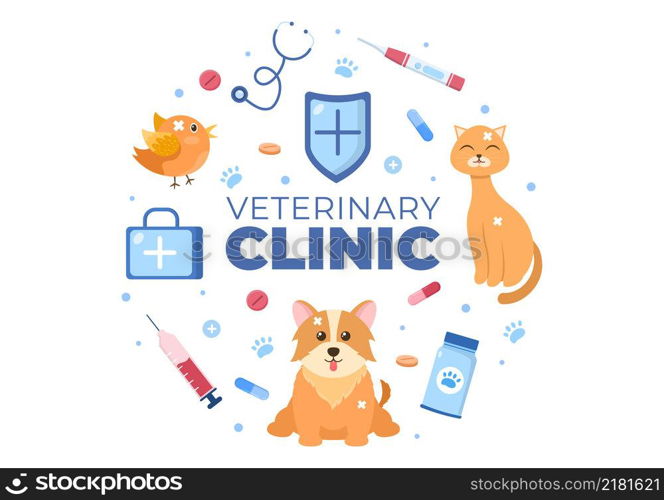 Veterinary Clinic Doctor Examining, Vaccination and Health care for Pets Like Dogs and Cats in Flat Cartoon Background Vector Illustration for Poster or Banner