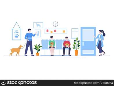 Veterinary Clinic Doctor Examining, Vaccination and Health care for Pets Like Dogs and Cats in Flat Cartoon Background Vector Illustration for Poster or Banner
