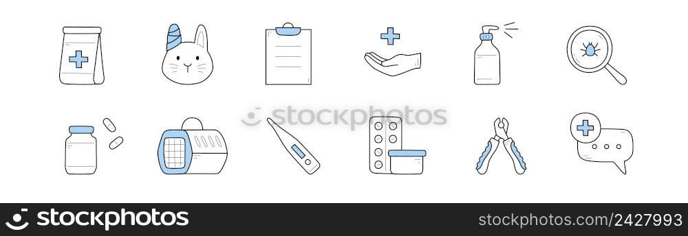 Veterinary clinic doodle icons pet with bandaged ear, bag with cross, prescription and hand, sprayer bottle, mite under magnifier, medical pills and bottle, thermometer, clippers, Linear vector set. Veterinary clinic doodle icons pets medicine signs