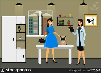 Veterinary Clinic ,female doctor and woman with sad dog, cartoon vector illustration. Veterinary Clinic ,female doctor and woman with sad dog,