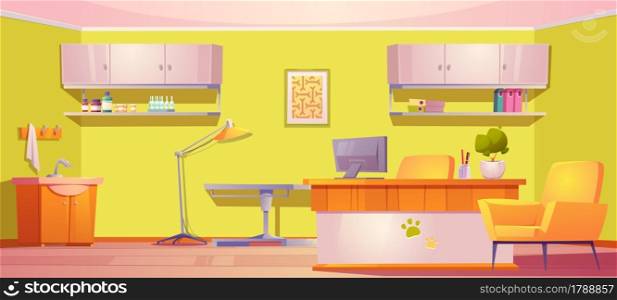 Veterinary clinic interior, vet office with furniture and stuff reception desk with pc, operating table, lamp, sink, shelf for medicine. Animal hospital room, pets medicine Cartoon vector illustration. Veterinary clinic interior, vet with furniture