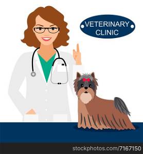 Veterinary clinic vector concept. Smily veterinarian and dog on examination table. Veterinarian and dog