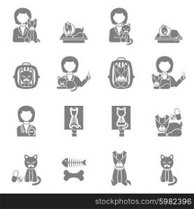 Veterinary clinic visit black icons set. Veterinary clinic for cats and dogs with proper feeding advice black icons set abstract isolated vector illustration