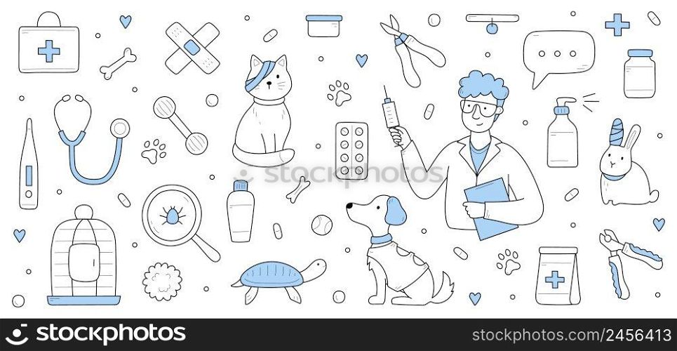 Veterinary clinic with doctor hold syringe, sick pets with bandage, grooming tools, cage, and stethoscope. Vector hand drawn illustration with man veterinarian, cat, dog, rabbit and turtle. Veterinary clinic with doctor and sick pets