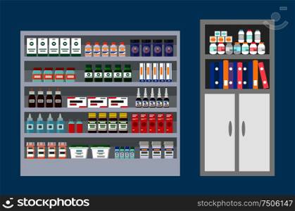 Veterinary clinic with drugs, pills and bottles vector. Isolated medicine refrigerator with curing vitamins additional nutrients, medicine healthcare. Veterinary Clinic with Pills, Drugs and Bottles