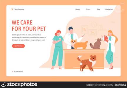 Veterinary clinical help. Dog and cat doctors giving vaccinations, measure temperature and take tests, domestic pets clinical examination vector illustration. Vet clinic landing page design template. Veterinary clinical help. Dog and cat doctors giving vaccinations, measure temperature and take tests, domestic pets clinical examination vector illustration. Vet clinic landing page design layout