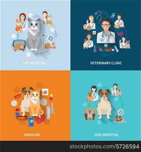 Veterinary flat set with cat and dog hospital medicine clinic isolated vector illustration