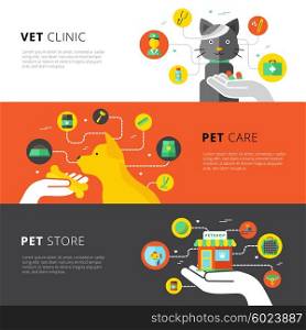 Veterinary Horizontal Banners. Veterinary horizontal banners set with vet clinic pet care and pet store flat vector illustration