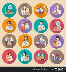 Veterinary icon flat set with pet carriage vet clinic and doctor isolated vector illustration