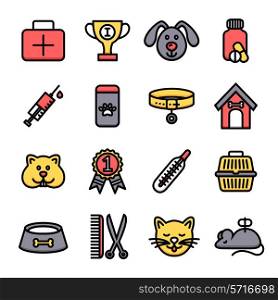 Veterinary icon set with vet clinic symbols and pets isolated vector illustration