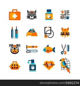 Veterinary Icons Set With Pets. Veterinary icons set in cartoon style with pets and elements of medical and hygiene care isolated vector illustration