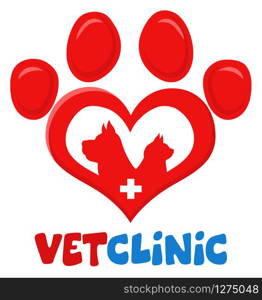 Veterinary Love Paw With Dog Cat Silhouette And Cross Print Logo Flat Design. Vector Illustration Isolated On White Background With Text