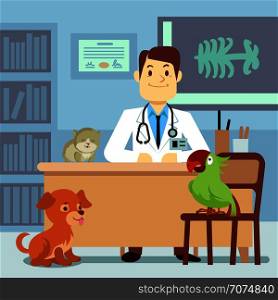 Veterinary office with doctor and pets. Doctor veterinary in clinic with animals. Vector illustration. Veterinary office with doctor and pets