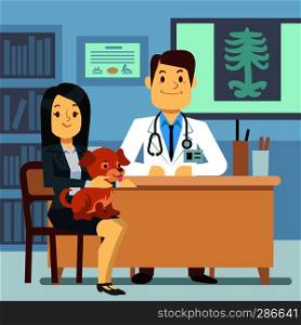 Veterinary office - woman with dog and veterinarian. Doctor clinic with dog pet, vector illustration. Veterinary office - woman with dog and veterinarian