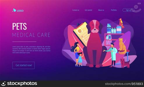 Veterinary service, pharmacy and clinic. Animals treatment. Veterinarian consultation. Vet clinic, vet surgical services, pets medical care concept. Website homepage landing web page template.. Vet clinic concept landing page