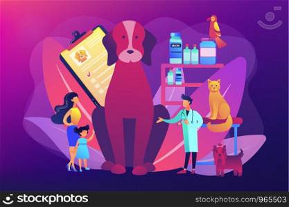 Veterinary service, pharmacy and clinic. Animals treatment. Veterinarian consultation. Vet clinic, vet surgical services, pets medical care concept. Bright vibrant violet vector isolated illustration. Vet clinic concept vector illustration