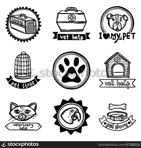 Veterinary vet help pet store sketch emblems set isolated vector illustration