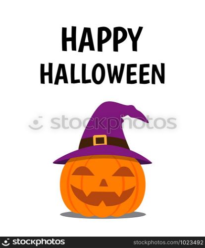 vHalloween poster with smile pumpkin devil wearing witch hat on white background - Vector illustration