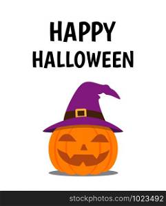 vHalloween poster with smile pumpkin devil wearing witch hat on white background - Vector illustration