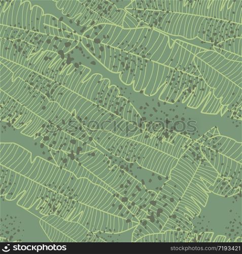 Vhaotic banana leaf seamless pattern on green background. Jungle exotic plant wallpaper. Design for fabric, textile print, wrapping paper, fashion, interior, cover. Vector illustration. Vhaotic banana leaf seamless pattern on green background. Jungle exotic plant wallpaper.