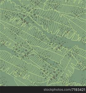 Vhaotic banana leaf seamless pattern on green background. Jungle exotic plant wallpaper. Design for fabric, textile print, wrapping paper, fashion, interior, cover. Vector illustration. Vhaotic banana leaf seamless pattern on green background. Jungle exotic plant wallpaper.