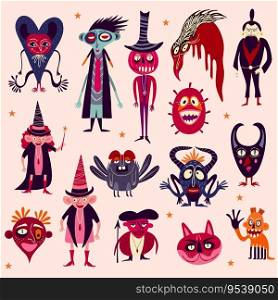 Vibrant bright Strange ugly Halloween characters. Cute bizarre comic characters in modern flat hand drawn childish style. Vibrant Strange ugly Halloween characters. Cute bizarre comic characters in modern flat hand drawn style