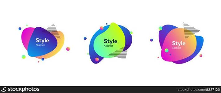 Vibrant colorful liquid graphic elements with text. Dynamical colored forms. Gradient banners with flowing liquid shapes. Template for design of logo, invitation or marketing. Vector illustration