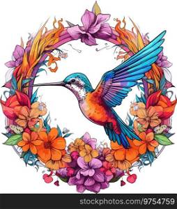 Vibrant Hummingbird Circle T-shirt  Artistic Fusion of Botanical Beauty and 2D Game Art, Exotic Fashion