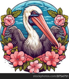 Vibrant Pelican Circle T-shirt  Botanical Beauty Meets Exotic 2D Game Art, Nature Lover s Tee