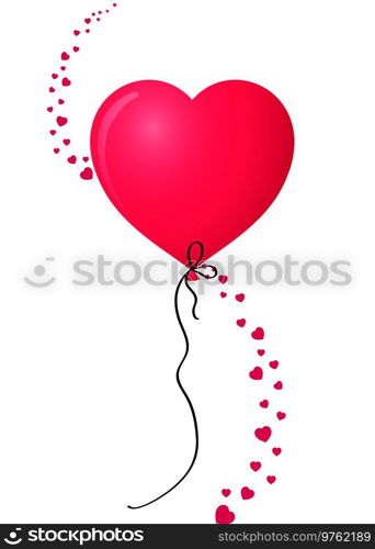 Vibrant pink realistic heart shaped helium balloon with vertical wave made of many red different-sized hearts isolated on white background. Vector illustration, clip art, element for design.. Pink realistic heart shaped helium balloon with vertical hearts 