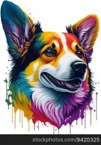 Vibrant Rainbow Corgi: Realistic and Colorful Dog Head T-Shirt Design
