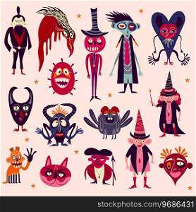 Vibrant Strange ugly Halloween characters. Cute bizarre comic characters in modern flat hand drawn style