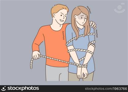 Victim of harassment abuse concept. Young sad unhappy woman standing stuck in net with angry man abusing her nearby vector illustration . Victim of harassment abuse concept.