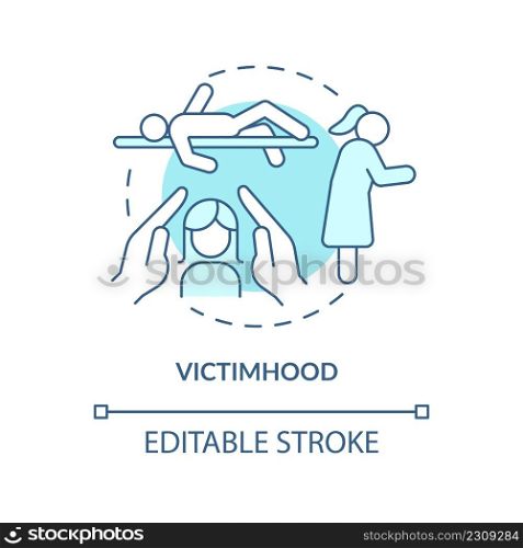 Victimhood turquoise concept icon. Psychological manipulation case abstract idea thin line illustration. Domestic violence. Isolated outline drawing. Editable stroke. Arial, Myriad Pro-Bold fonts used. Victimhood turquoise concept icon