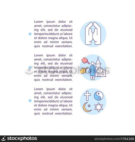 Victims among religious people concept line icons with text. PPT page vector template with copy space. Brochure, magazine, newsletter design element. Religious minority linear illustrations on white. Victims among religious people concept line icons with text