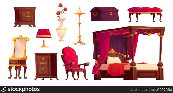 Victorian bedroom interior with vintage royal red furniture. Classic princess bed, retro mirror and armchair for baroque castle room. Isolated medieval english home indoor design on white background. Victorian bedroom interior with royal furniture