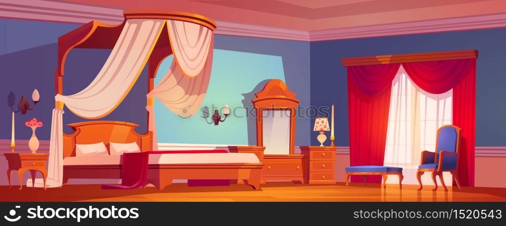 Victorian bedroom, royal interior at morning or day time. Luxury empty light room with wooden furniture and decoration, bed with tulle canopy, mirror, couch and nightstand, cartoon vector illustration. Victorian bedroom, royal interior at morning.