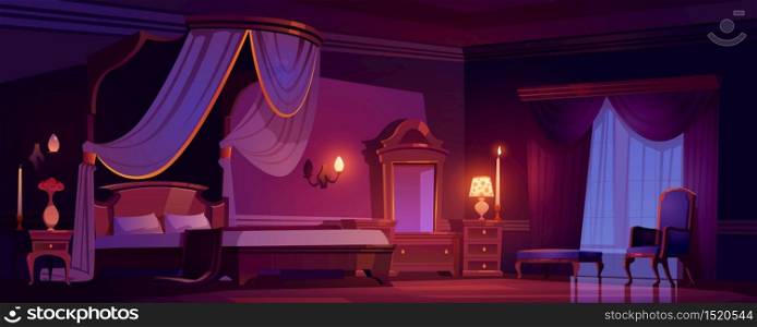 Victorian bedroom, royal interior at night time. Luxury empty light room with wooden furniture and decoration, bed with tulle canopy, mirror, couch and nightstand, cartoon vector illustration. Victorian bedroom, royal interior at morning.