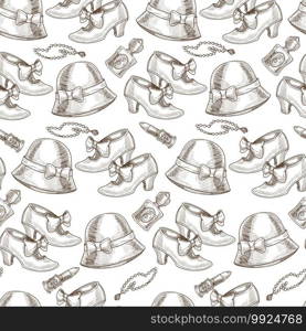 Victorian epoch accessories and clothes seamless pattern. Hat and shoes decorated with ribbon bows, rosary and lipstick for makeup. Female fashion. Monochrome sketch outline, vector in flat style. Vintage and retro fashion clothes and accessories seamless pattern