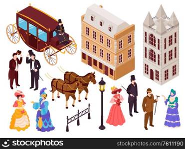 Victorian era english fashion architecture elements isometric set with town city houses lanterns carriage citizens vector illustration