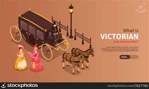 Victorian era horizontal banner with women dressed in 19th century clothes and carriage pulled by two horses isometric vector illustration