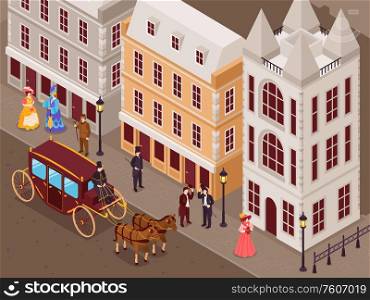 Victorian era street with city houses gentlemen ladies in fashionable crinoline skirts carriage isometric view vector illustration
