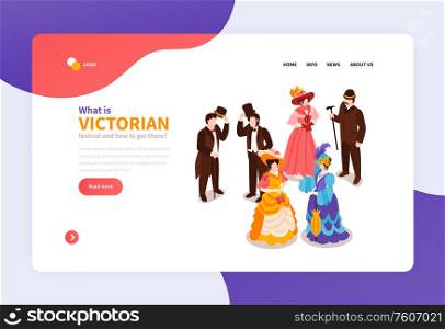 Victorian festival isometric landing page with ladies and gentlemen dressed in clothes of 18th century vector illustration
