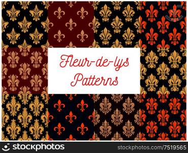 Victorian fleur-de-lis seamless patterns with set of floral background with french royal lilies. Vintage wallpaper, textile or interior design. French victorian fleur-de-lis seamless pattern set
