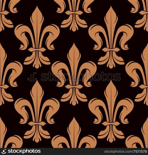 Victorian heraldic floral seamless pattern for royal backdrop, wallpaper or interior design with beige fleur-de-lis ornament on maroon background. Seamless beige fleur-de-lis pattern