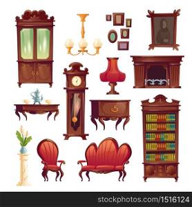 Victorian interior living room stuff, luxury royal tea service, fireplace, armchair and couch, grandfather clock, table lamp and chandelier, cupboard, picture and table, Cartoon vector illustration. Victorian living room stuff, old classic furniture
